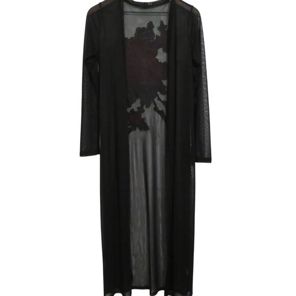 Black Long Line Sheer Cardigan Floral Rose Embroidered Back Long Sleeve Duster - Picture 1 of 4